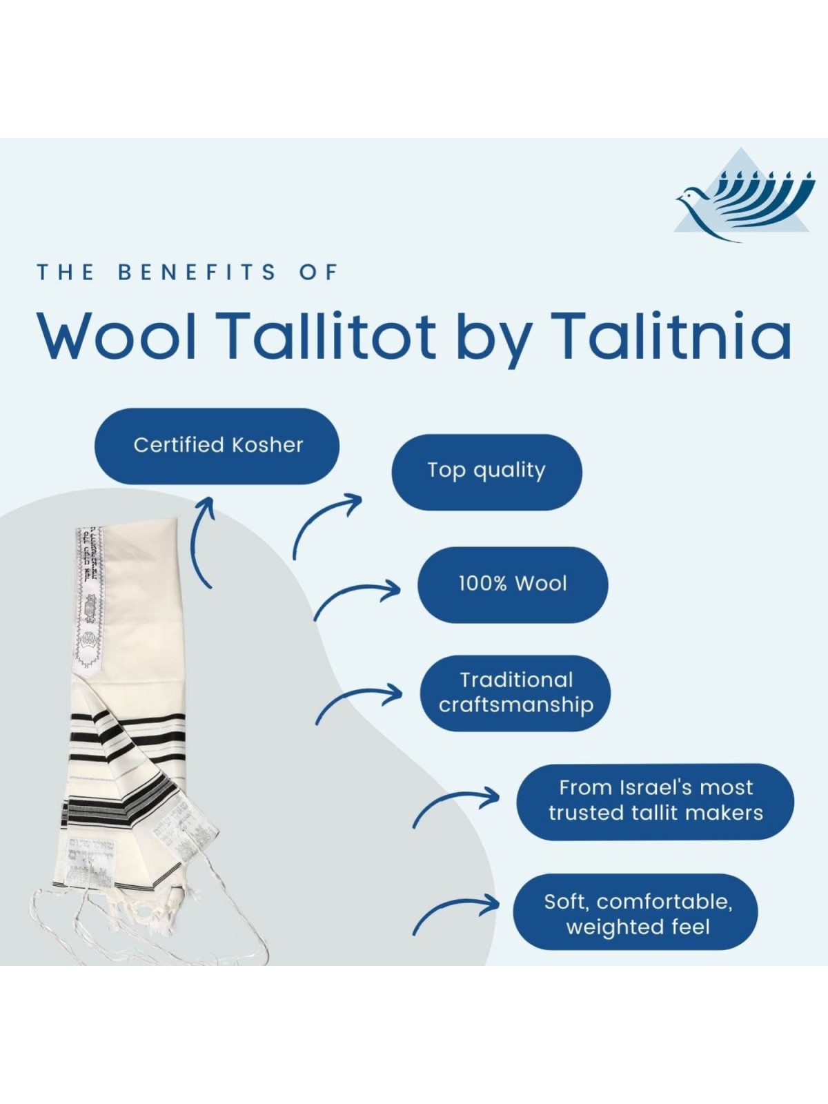 Talitnia Traditional Pure Wool Tallit Black with Silver Stripes